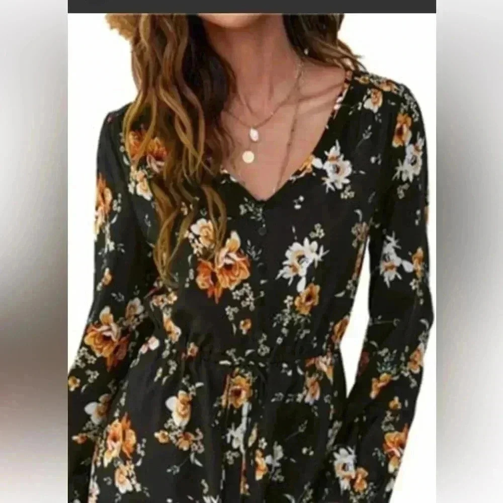 HIGHLINE Long Sleeve Chiffon dress Black with a floral patten  size XS